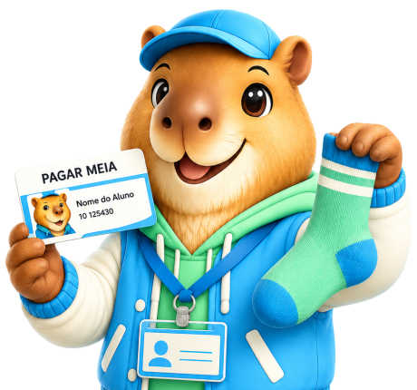Mascote do Pagar Meia, uma capivara de boné azul, segurando a carteirinha de estudante numa mão e uma meia na outra