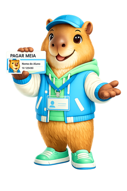 Mascote do Pagar Meia, uma capivara de boné azul, sorrindo e segurando a carteirinha estudantil